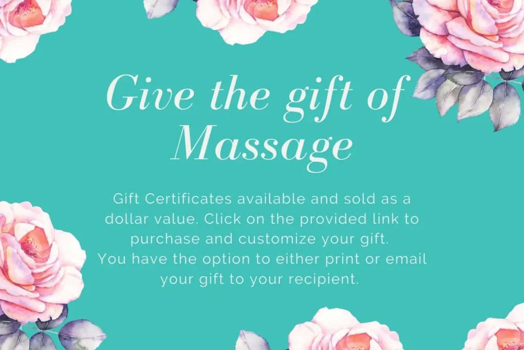 Give the gift of massage photo. Gift Certificates are sold as a dollar value and valid only for massage